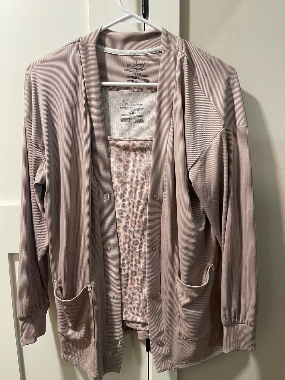 Mauve Long Cardigan with Leopard-Print Layer